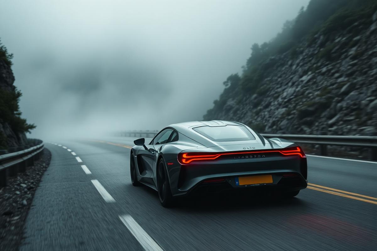 Luxury car driving through a misty mountain pass